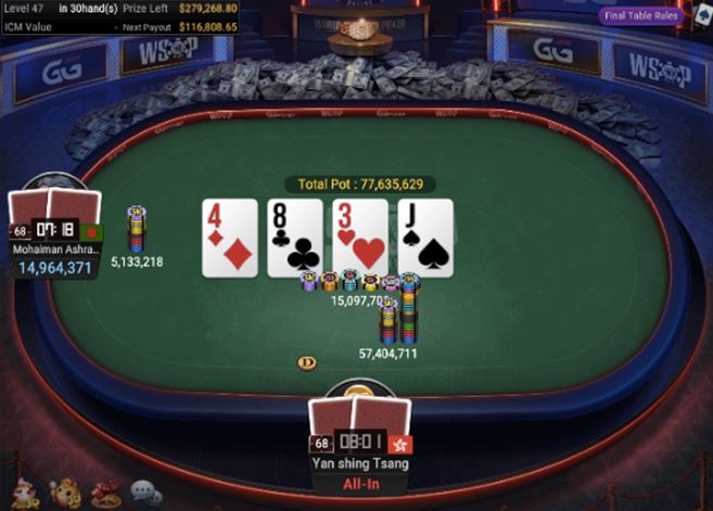 WSOP #68 – $500 Deepstack NLH [ Asia ] – winner Tsang moves all-in on the turn