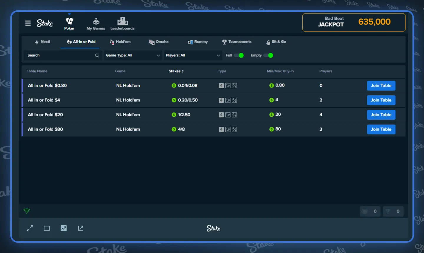 Stake Poker AoF Lobby