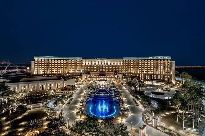 The Paradise City entrance at night