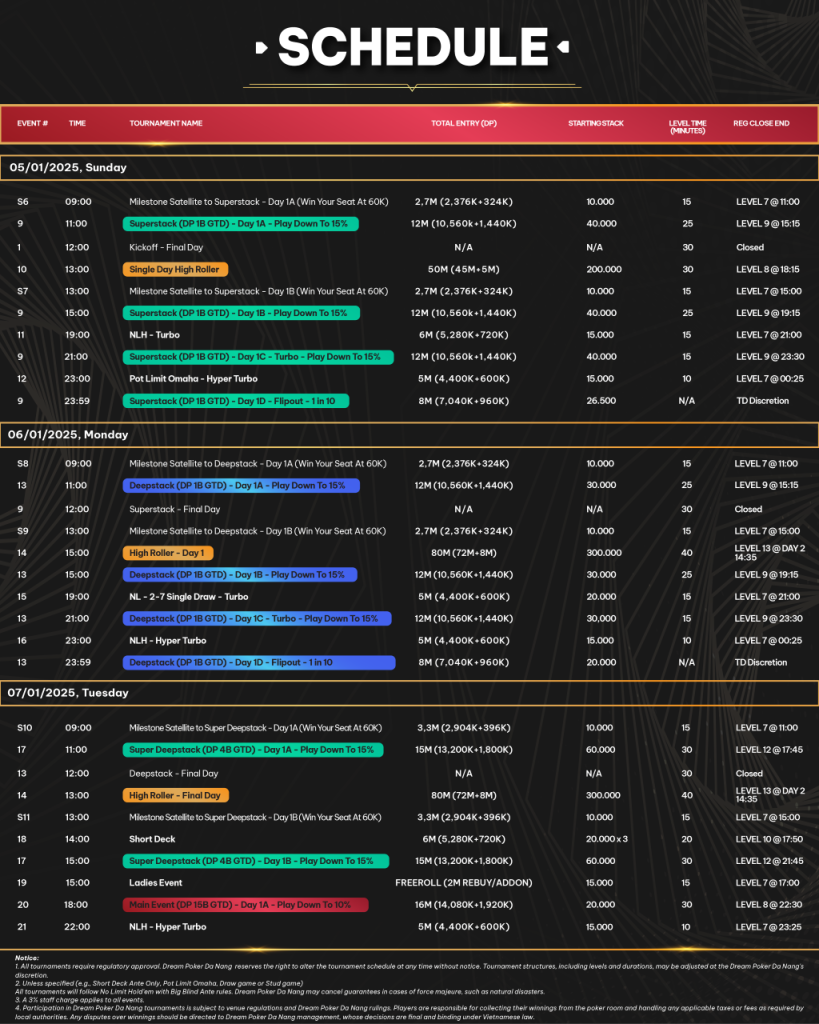 Dream Poker Da Nang schedule 2