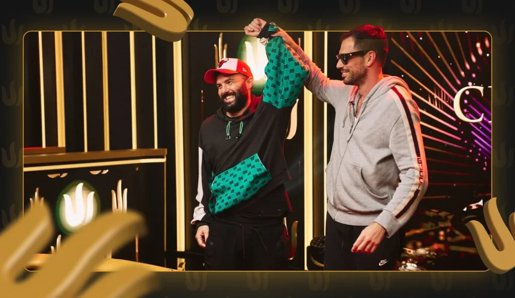 Matthew Wantman and Nick Schulman celebrating the $50K NLH 7-Handed event Triton title of the former