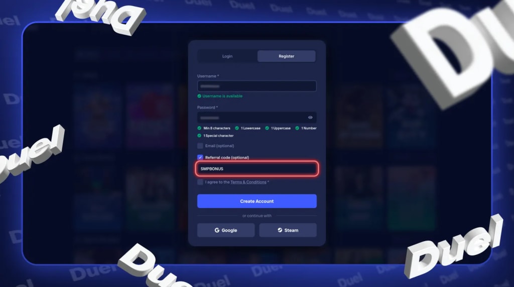 Entering the Duel Promo Code SMPBONUS at Sign-up