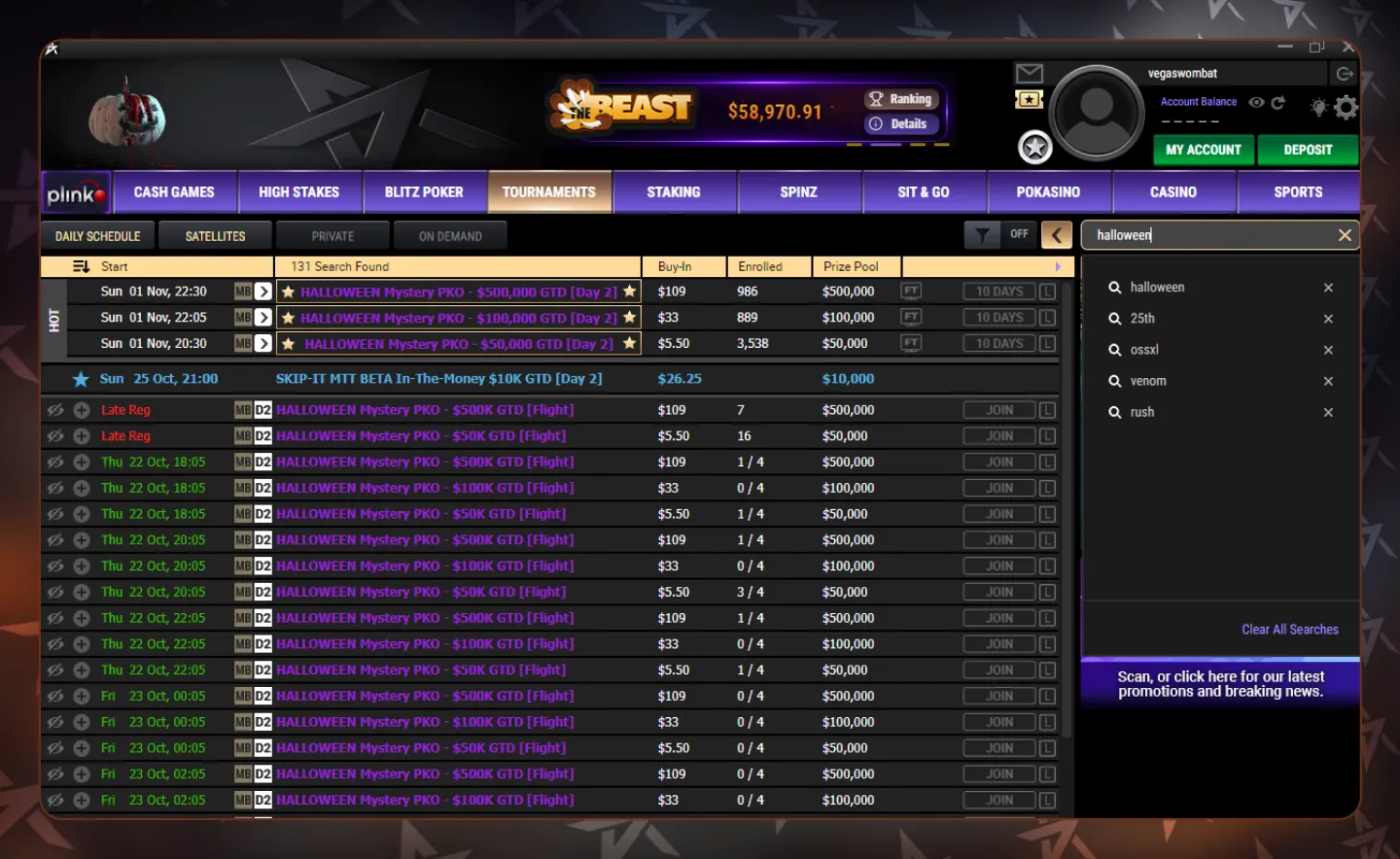The ACR Poker lobby shows all three Halloween Mystery PKO tournaments, with a combined 5,413 entries displayed on October 22, 2026.