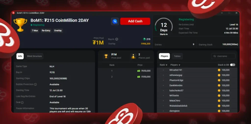 $215 CoinMillion Tournament at CoinPoker