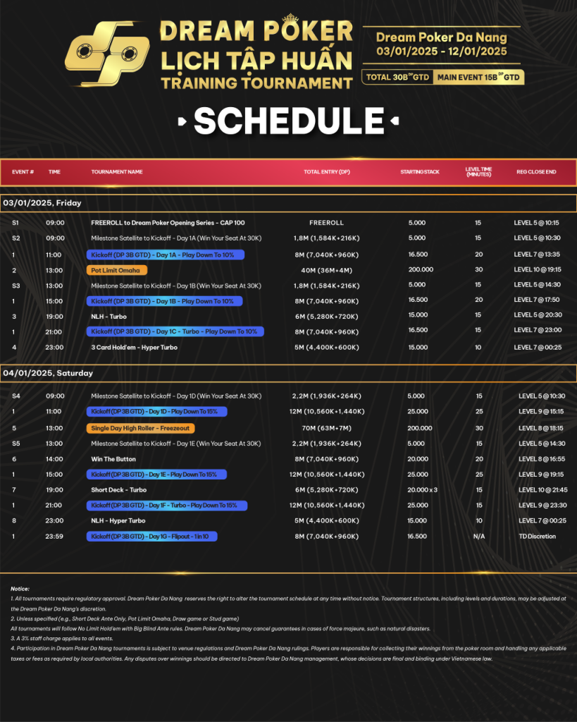 Dream Poker Da Nang schedule 1