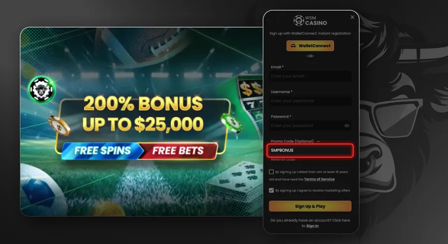 Sign Up - Best WSM Casino Promo Code 2026 - SMPBONUS