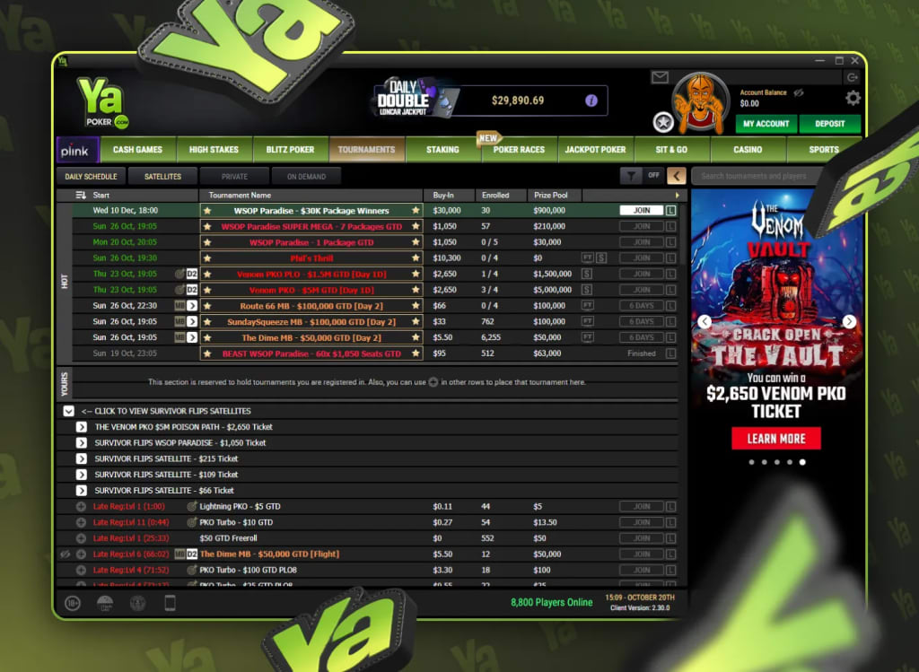 YaPoker Tournaments Lobby