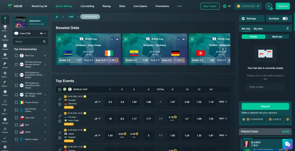 Vave Casino Sportsbook and Betting Markets
