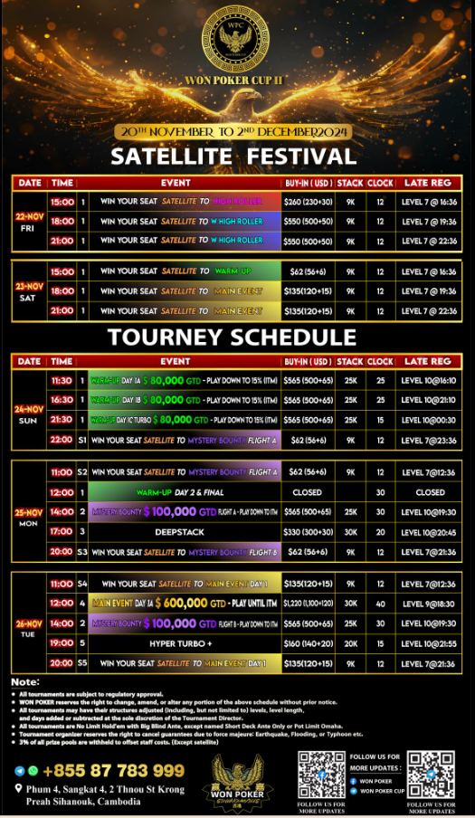 Won Poker Cup II Schedule