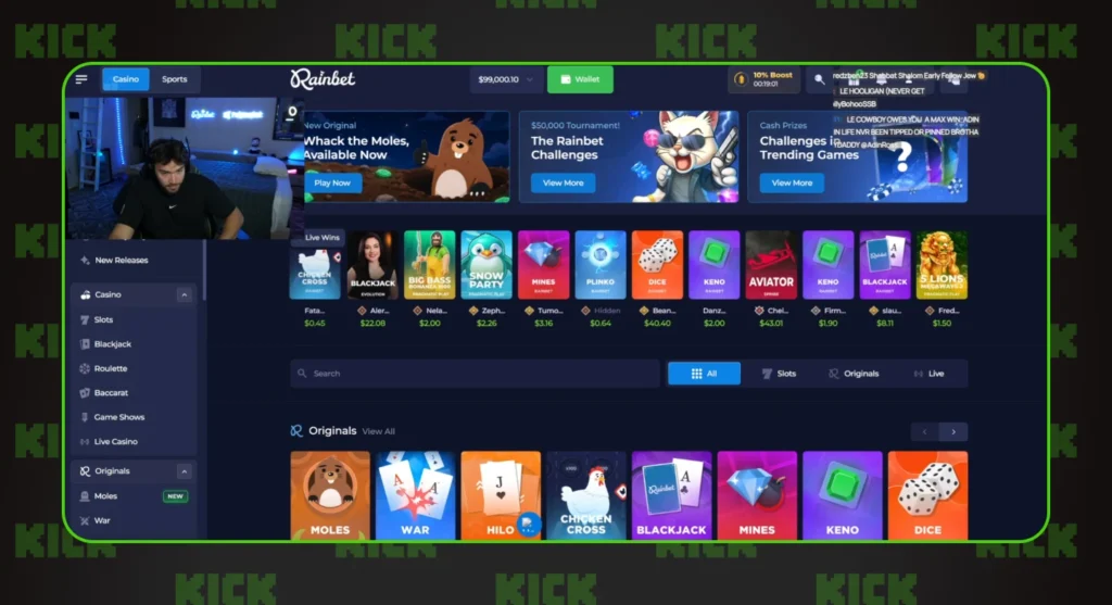 Adin Ross Streaming Casino Games at Rainbet