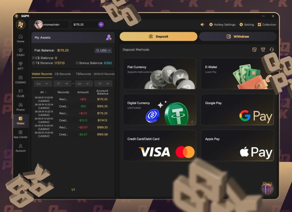 Deposit Methods include USDT, Luxon Pay, cards, Google Pay, and Apple Pay