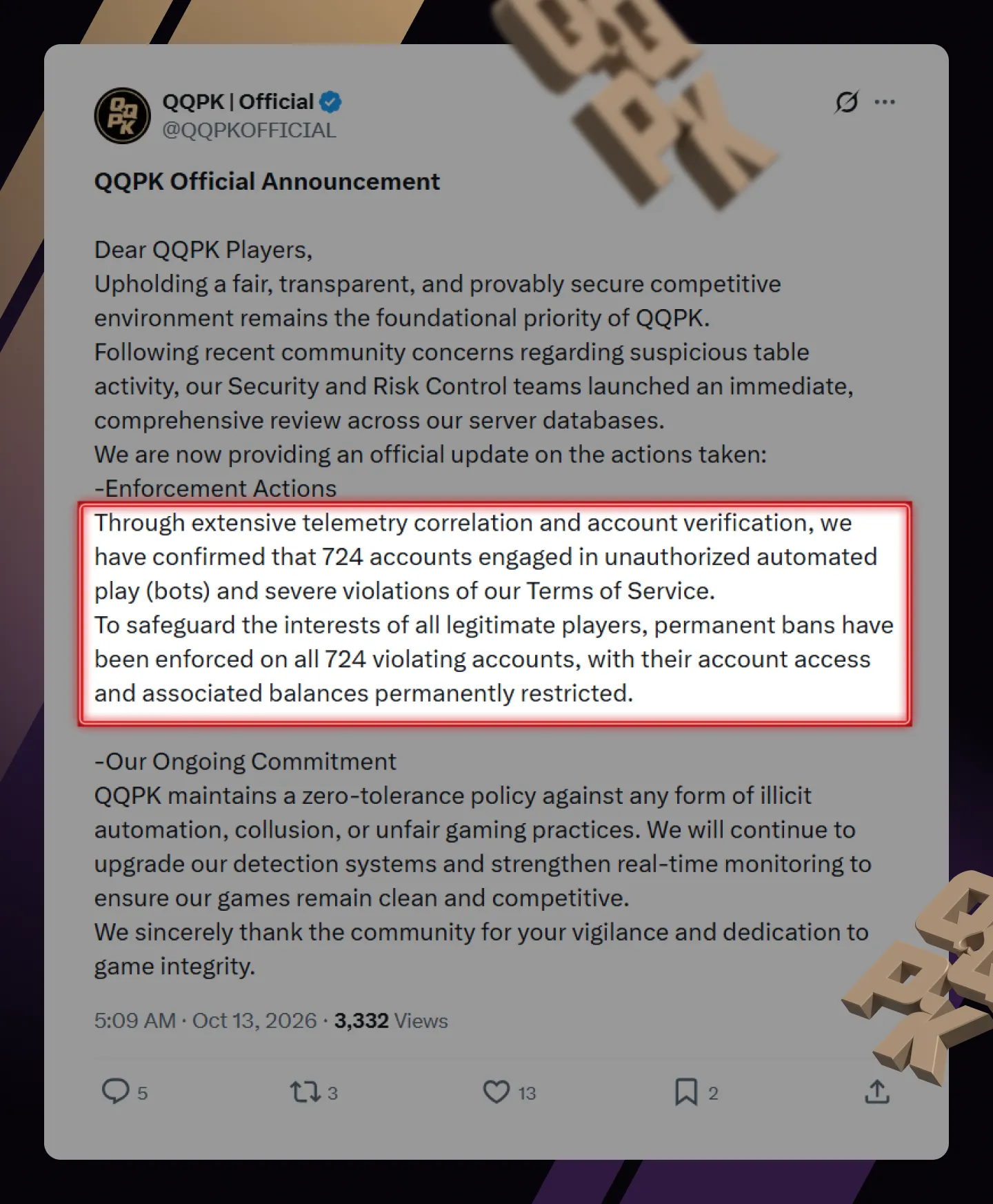 QQPK confirmed the permanent banning of 724 accounts linked to unauthorized automated play in its October 13, 2026 statement. Source: QQPK Official / X.