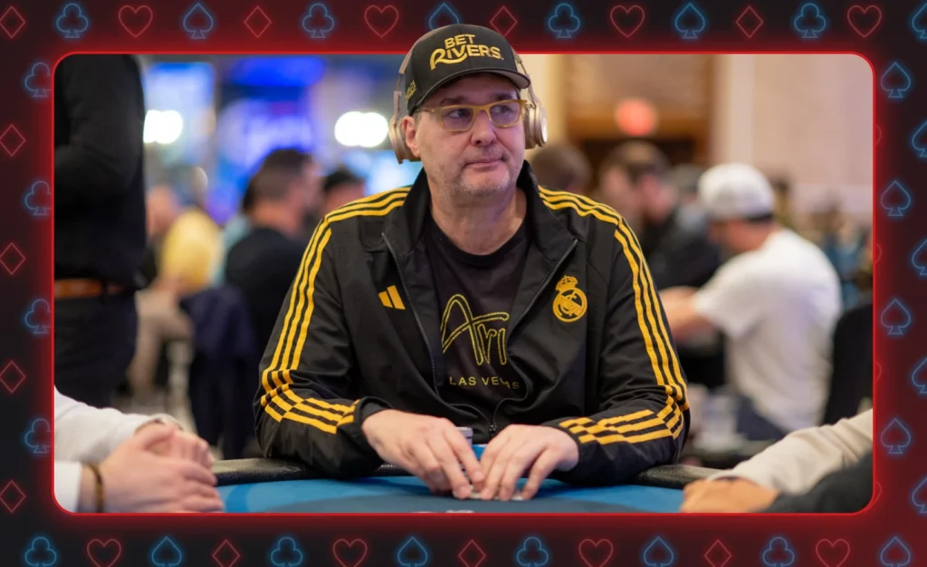 Phil Hellmuth in black clothing, branded caps, and heavily utilizes large headphones