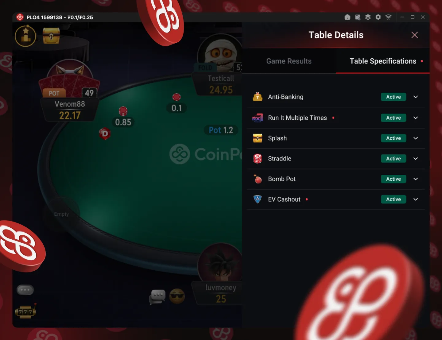 CoinPoker table specifications showing Run It Multiple Times, Splash, Straddle, Bomb Pot, and EV Cashout