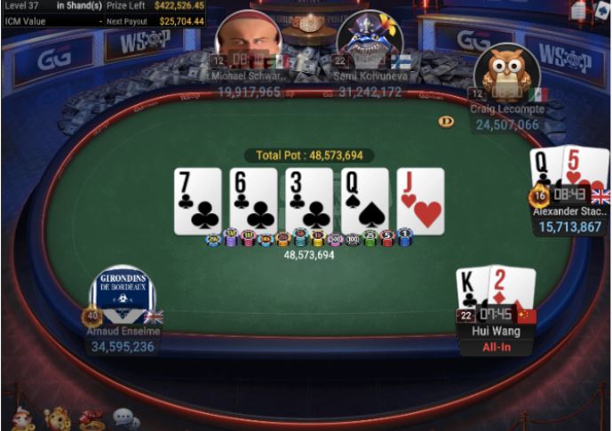 WSOP #61 – $300 Monster Stack NLH 6-Handed – top pair for winner Stacey