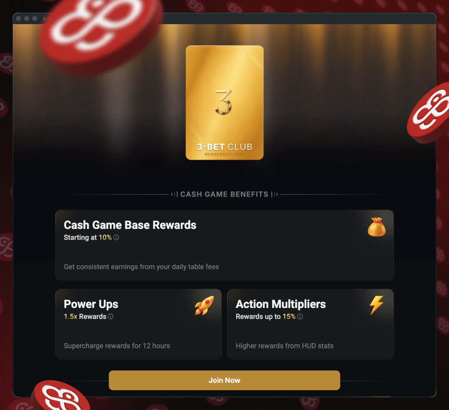 CoinPoker 3-Bet Club benefits - 10% base rewards, 1.5x Power Ups and Action Multipliers up to 15%