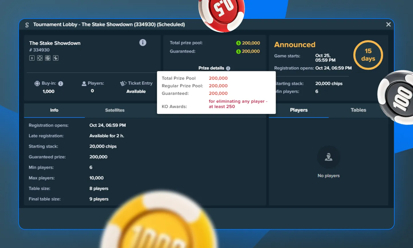 The Stake Showdown tournament lobby lists a $200,000 guaranteed prize pool and knockout awards of at least $250 per eliminated player.