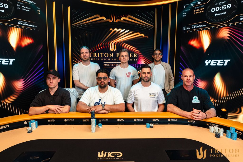 The final table (clockwise from back left): Mike Watson, Martin Dam, Laszlo Bujtas, Patrik Antonius, Robert Cowen, Manuel Stojanovic, Dan Dvoress.