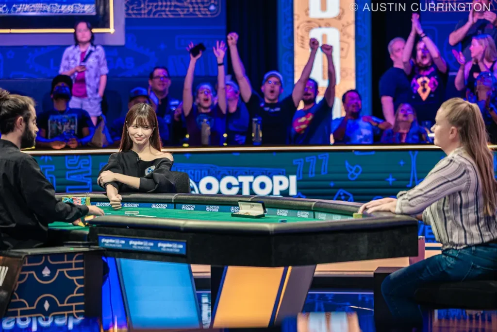 Shiina Okamoto heads up against Heather Alcorn - Photo by Pokernews