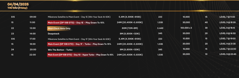 Dream Poker Da Nang Opening Series Schedule