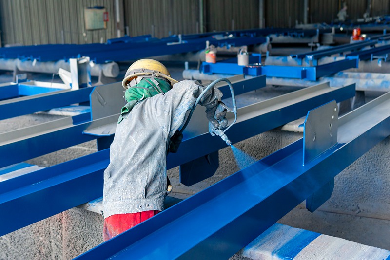 industrial_worker_wearing_protective_suit_and_mask_spray_painting_steel_panels_blue_in_factory