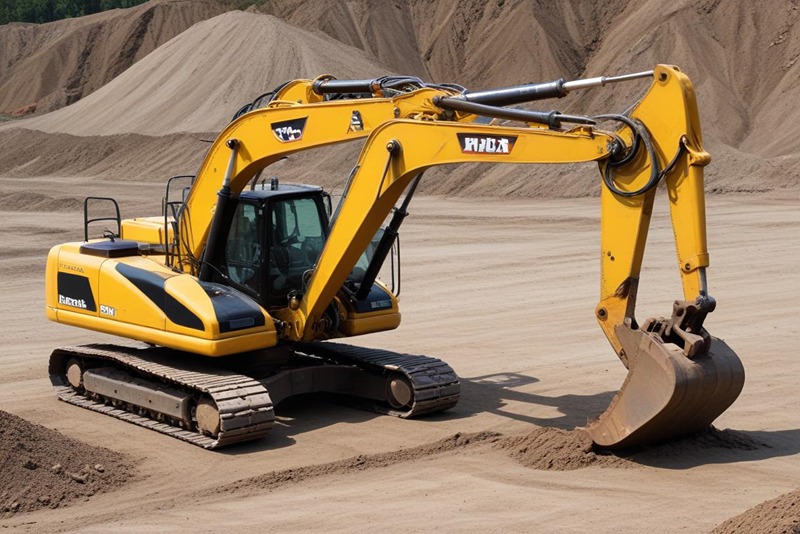 Excavator_digging_at_a_construction_site_with_mounds_of_sand_and_forest_in_the_background