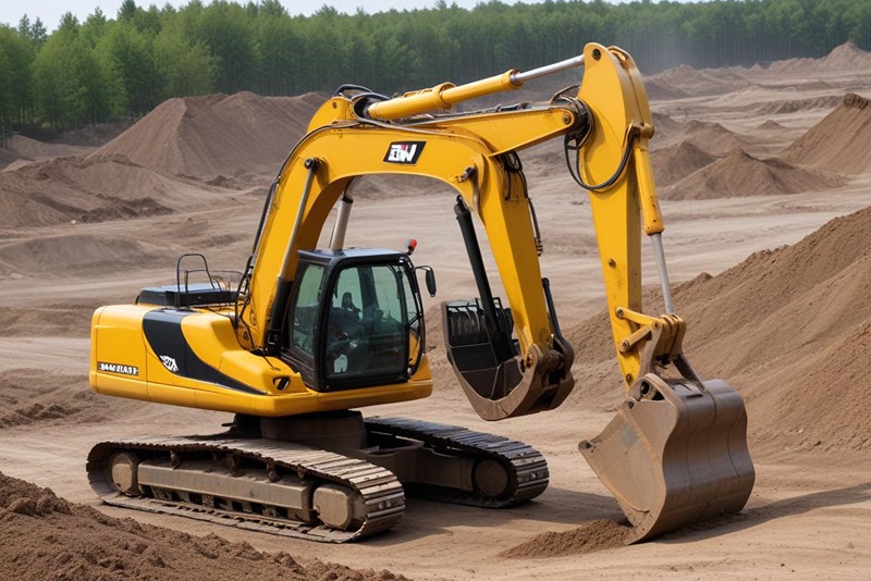 Excavator_digging_at_a_construction_site_with_mounds_of_sand_and_forest_in_the_background