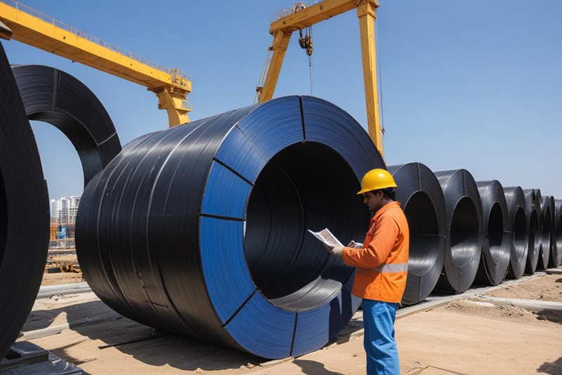 An_Indian_construction_worker_pointing_at_a_stack_of_large_black_steel_coils_during_an_inspection