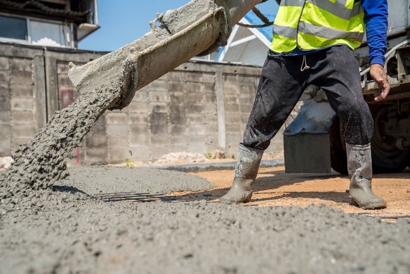 Mixer_truck_pouring_cement_concrete_casting_on_reinforcing_metal_bars_of_sidewalk._Concrete_mixer_truck,_transport_and_combine_cement_and_water_in_revolving_drum._Worker_using_shovel_and_scoop_at_work