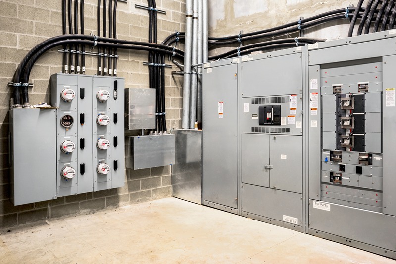 Electrical_room_of_residential_or_commercial_building._Multiple_smart_meters,_main_power_breaker,_meter_stacks_and_cabinets._Perspective_view