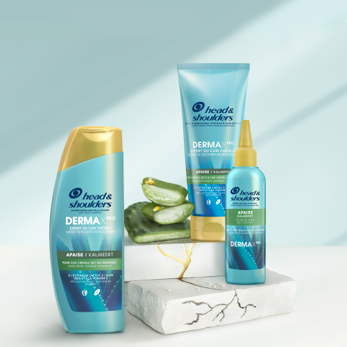 Derma X Pro Kalmeert Head & Shoulders shampoo, conditioner en hoofdhuidbalsem flessen, naast stukjes aloe vera en cactus