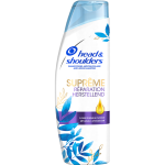 Witte shampoofles met blauwe bladeren en goudkleurige druppel. Argan- en advocadoolie. Horizontaal paarse streep.