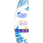 Witte shampoofles met blauwe bladeren en goudkleurige druppel. Argan- en advocadoolie. Horizontaal paarse streep.