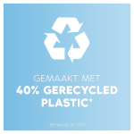 Wit recycle teken. Tekst: gemaakt van 40% gerecycled plastic. Blauwe achtergrond.