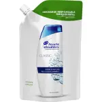 Witte shampoozak met draaidop en foto van shampoofles classic. Groen vak met tekst recharge responsable. Witte achtergrond.