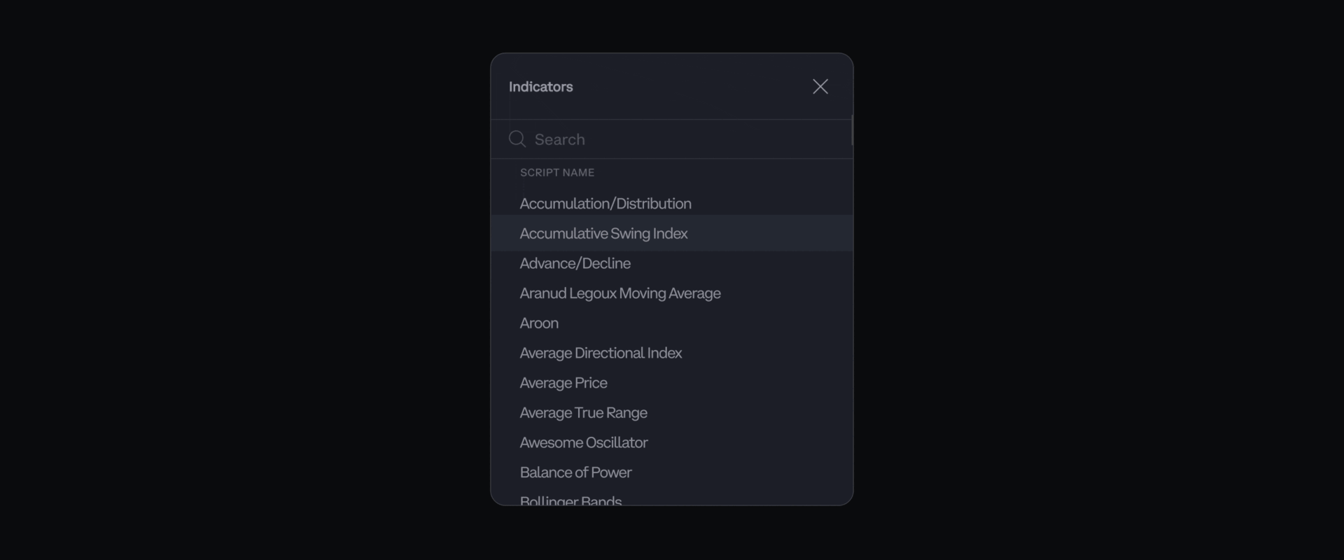 Screenshot of indicators available on Advanced Trade