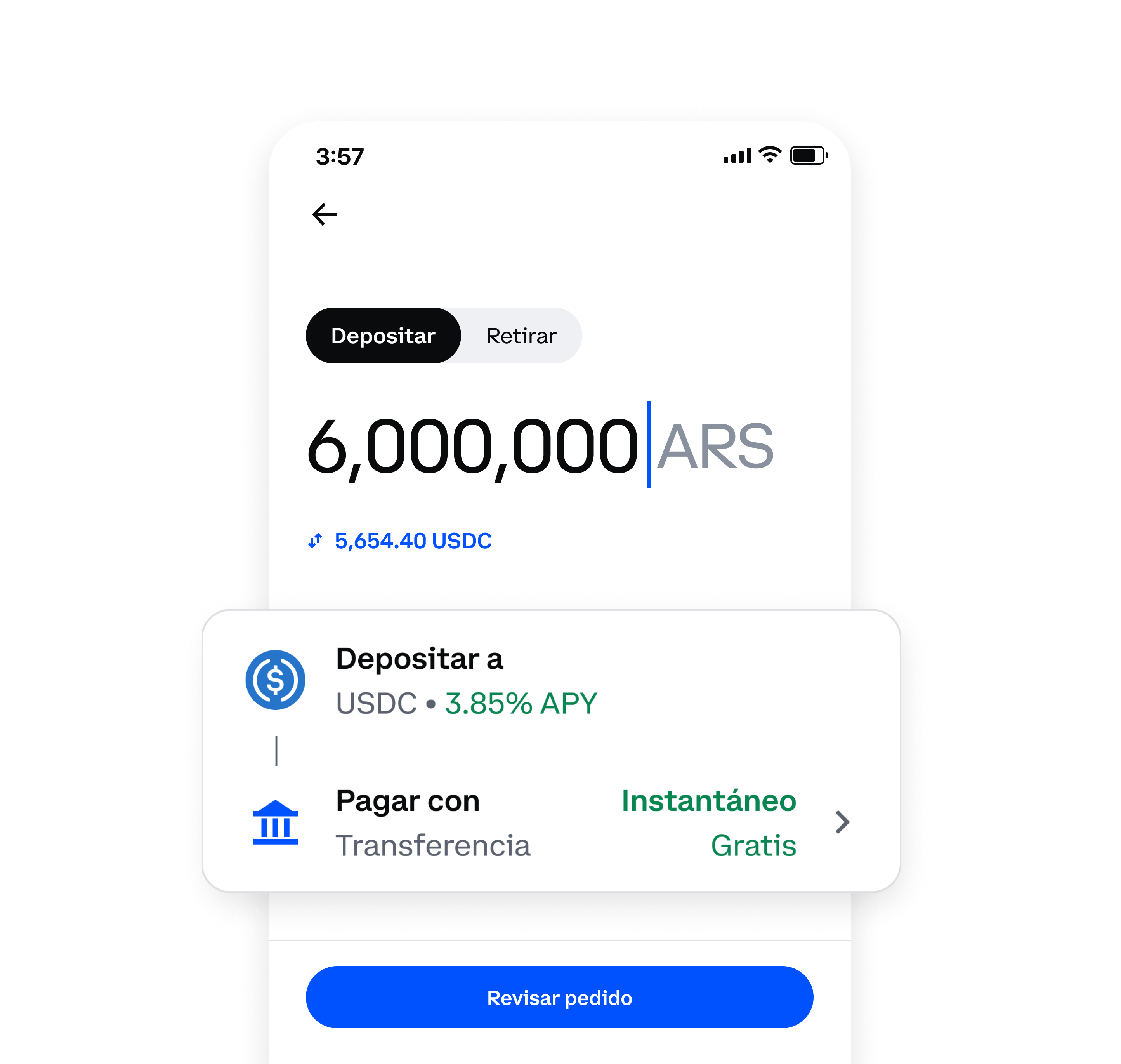 pantalla del teléfono mostrando el depósito de USDC desde ARS