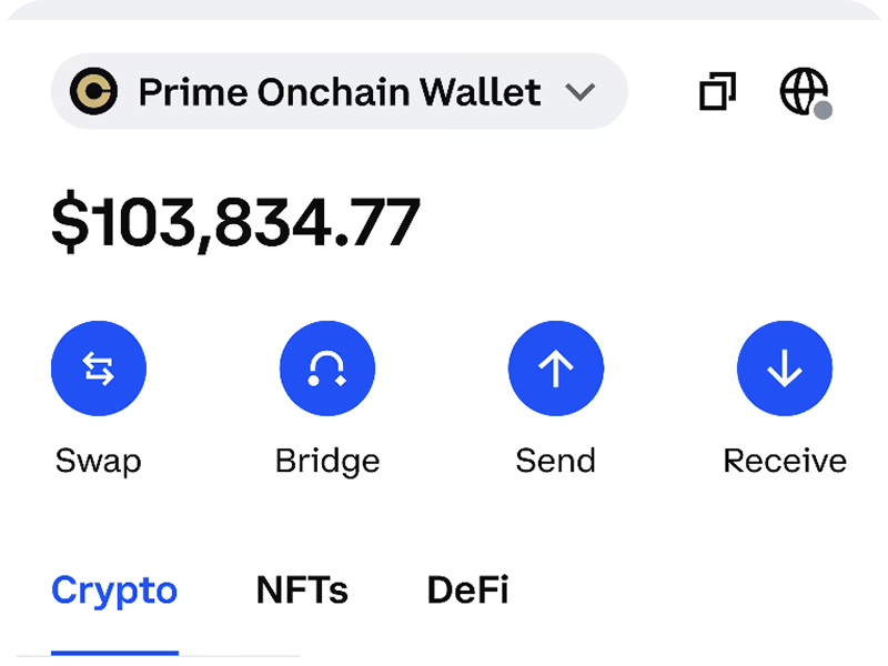 Dashboard showing "Prime Onchain Wallet" with value in USD and user options
