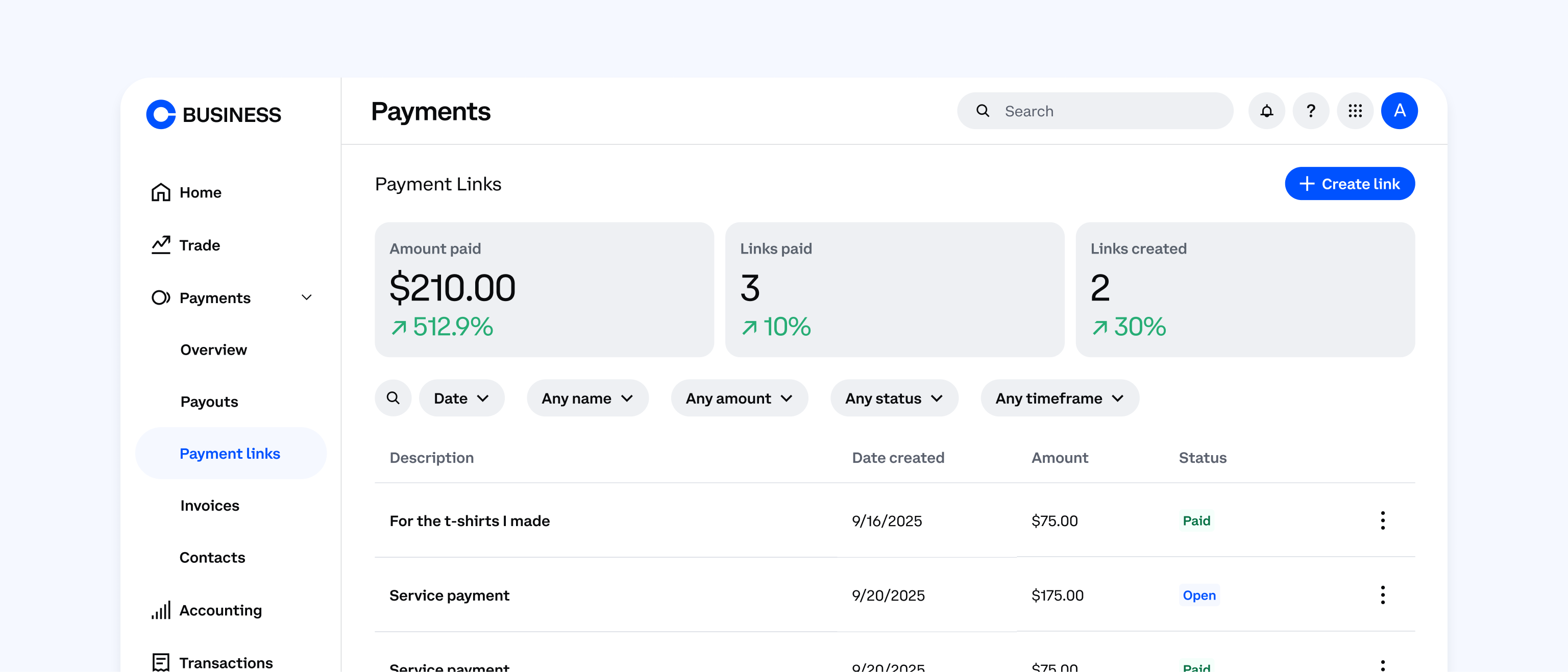 Coinbase Business Payment screen