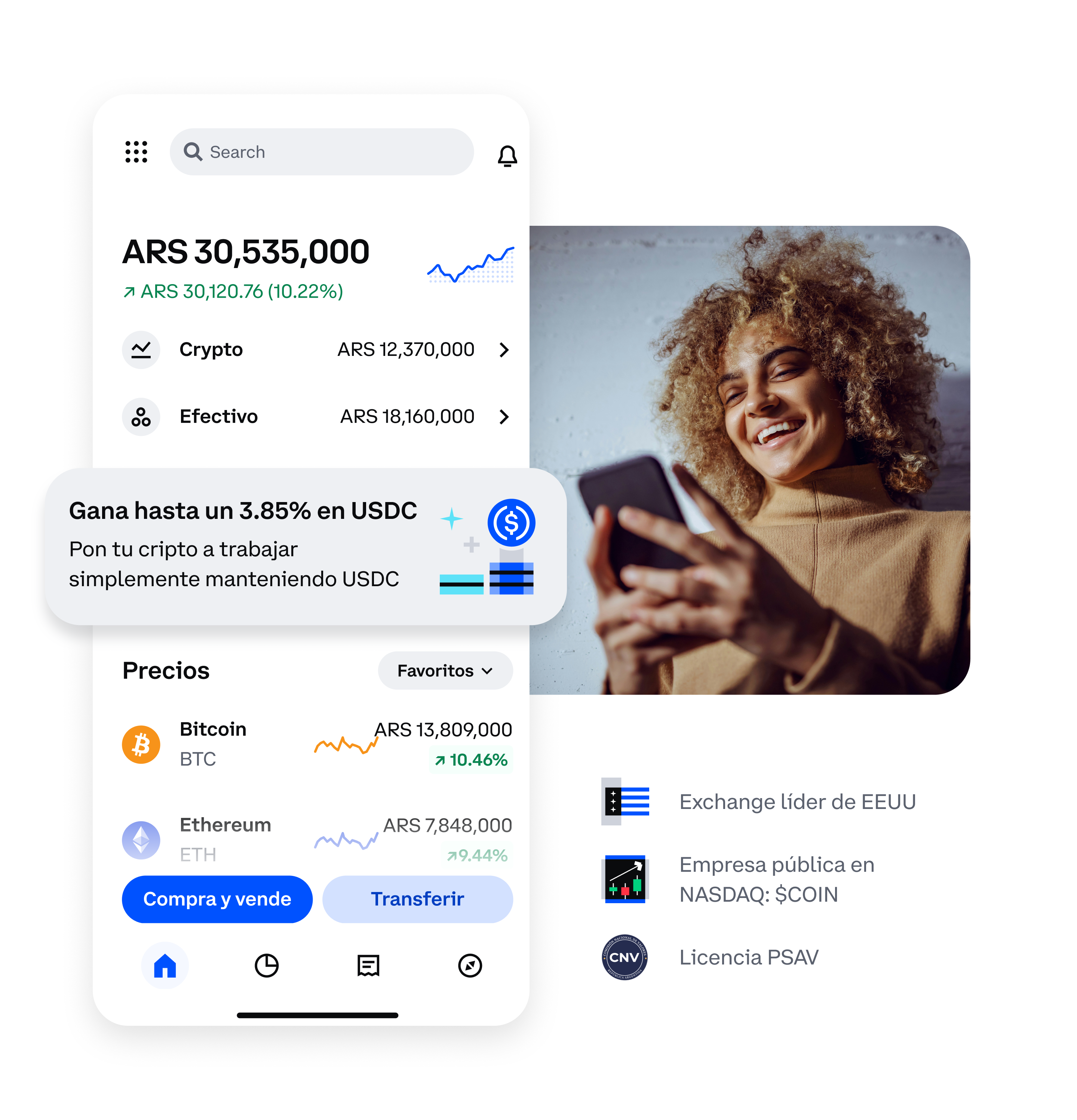 pantalla del teléfono a la izquierda mostrando la pantalla de inicio de Coinbase, mujer a la derecha sosteniendo el teléfono con logotipos de licencia debajo