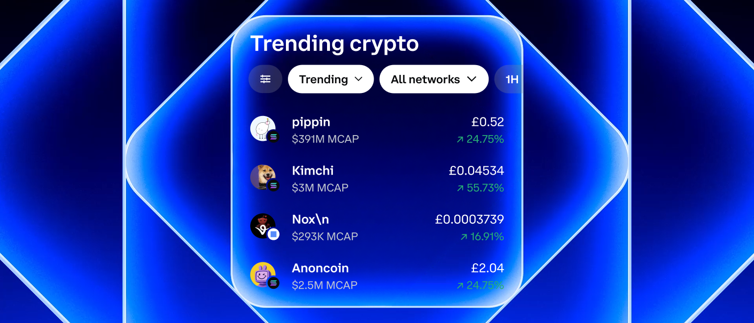 Stylized screen headlined "Trending crypto" with list of various token, prices, and price movements