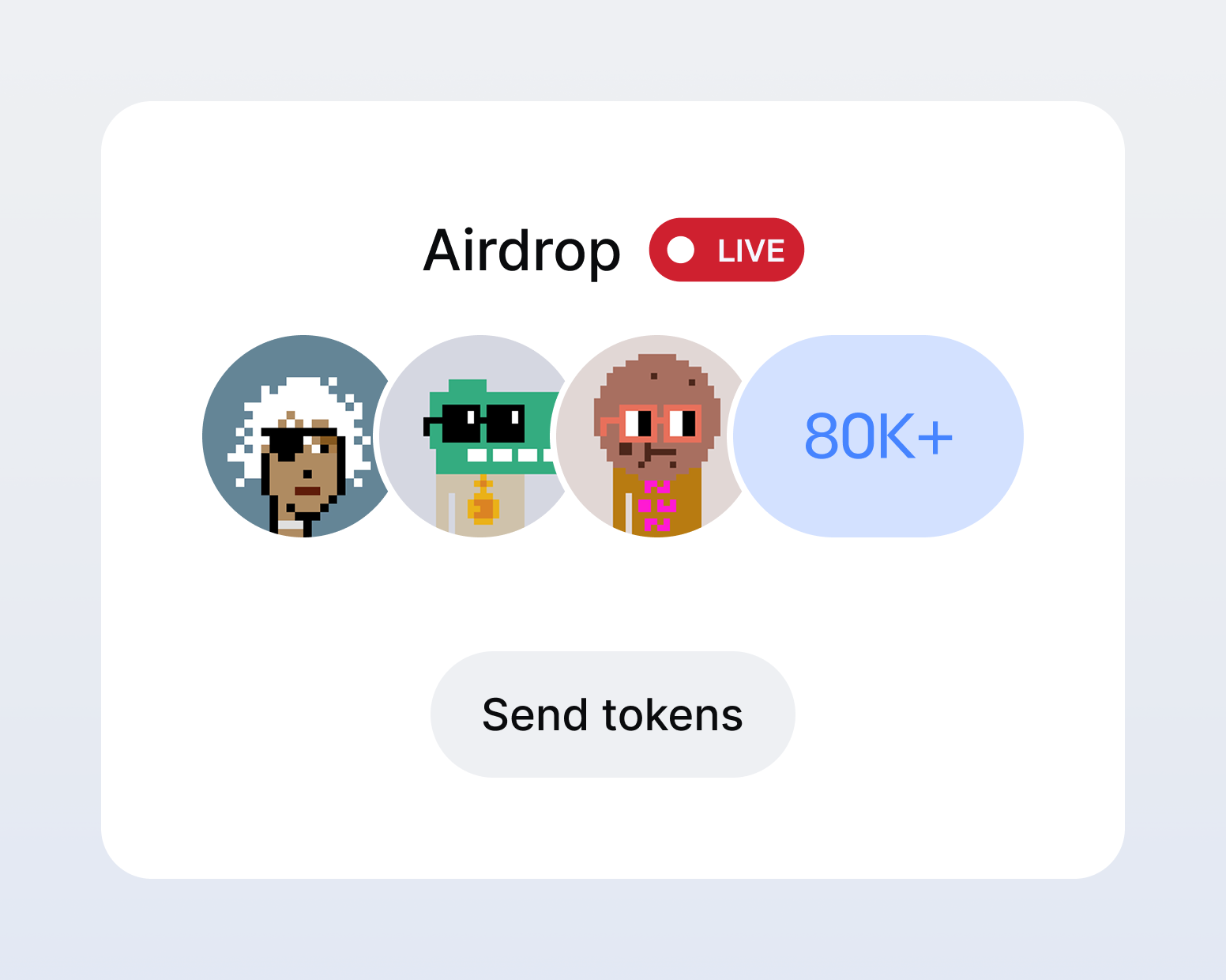 "Airdrop" action screen with overlapping user avatars and a "Send tokens" button