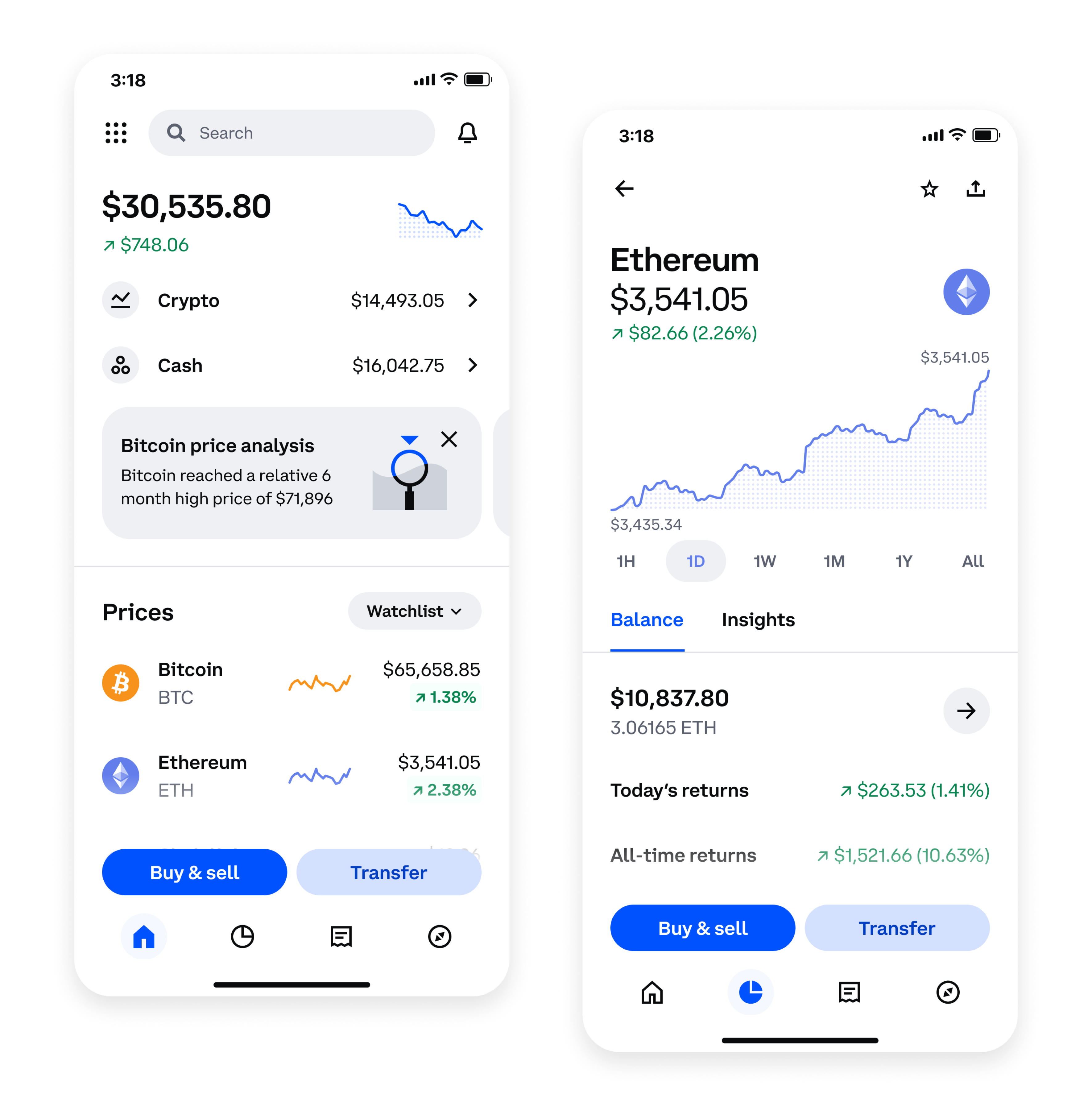 aplikacja Coinbase, dwa ekrany: jeden przedstawiający kartę główną, a drugi – kartę szczegółów ethereum