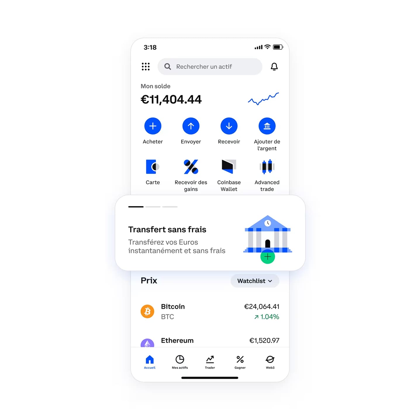 Écran d'accueil de l'application Coinbase sur téléphone