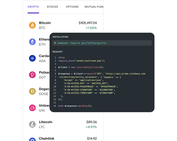 Coding terminal screen superimposed over a mobile phone dashboard showing various assets and prices