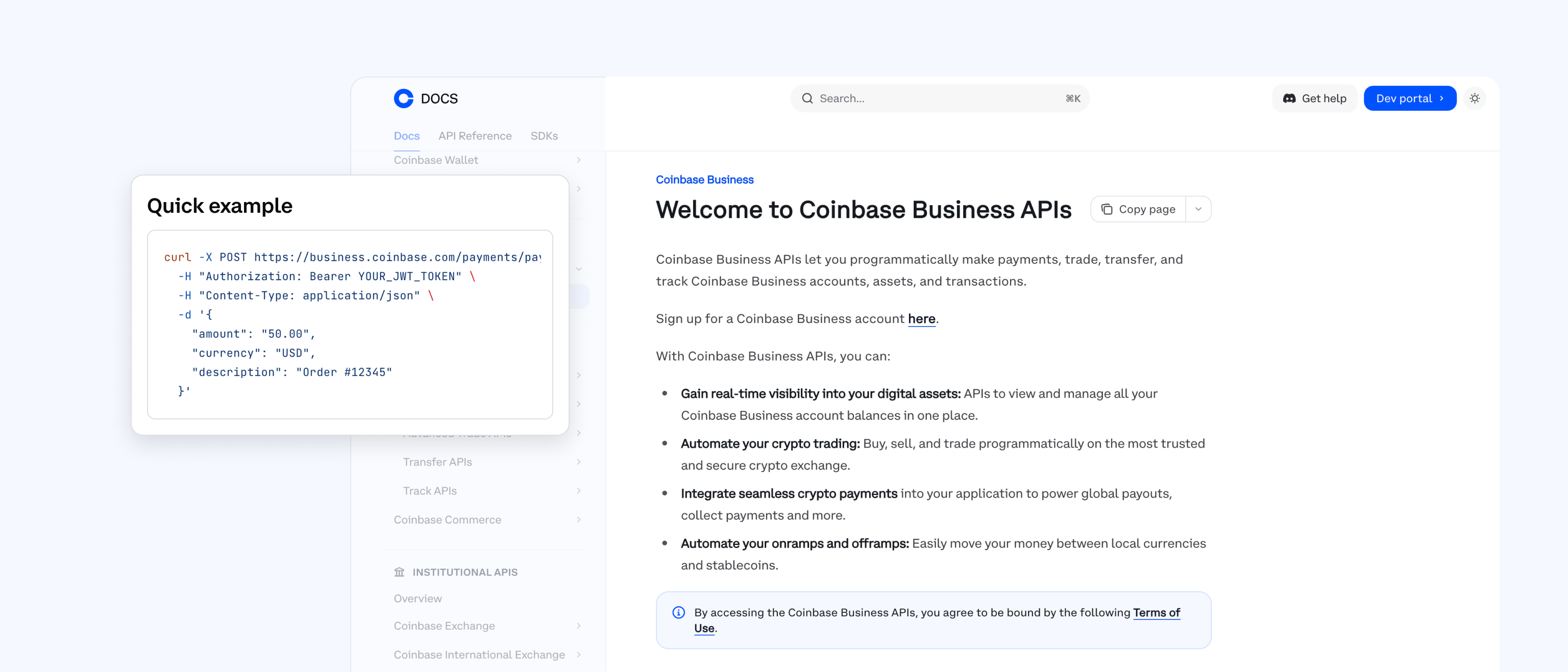 Coinbase Business APIs screen