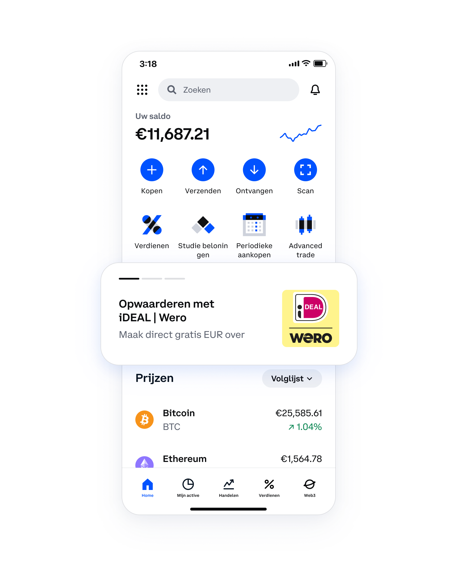 Telefoonscherm dat naar het starttabblad van de Coinbase-app kijkt