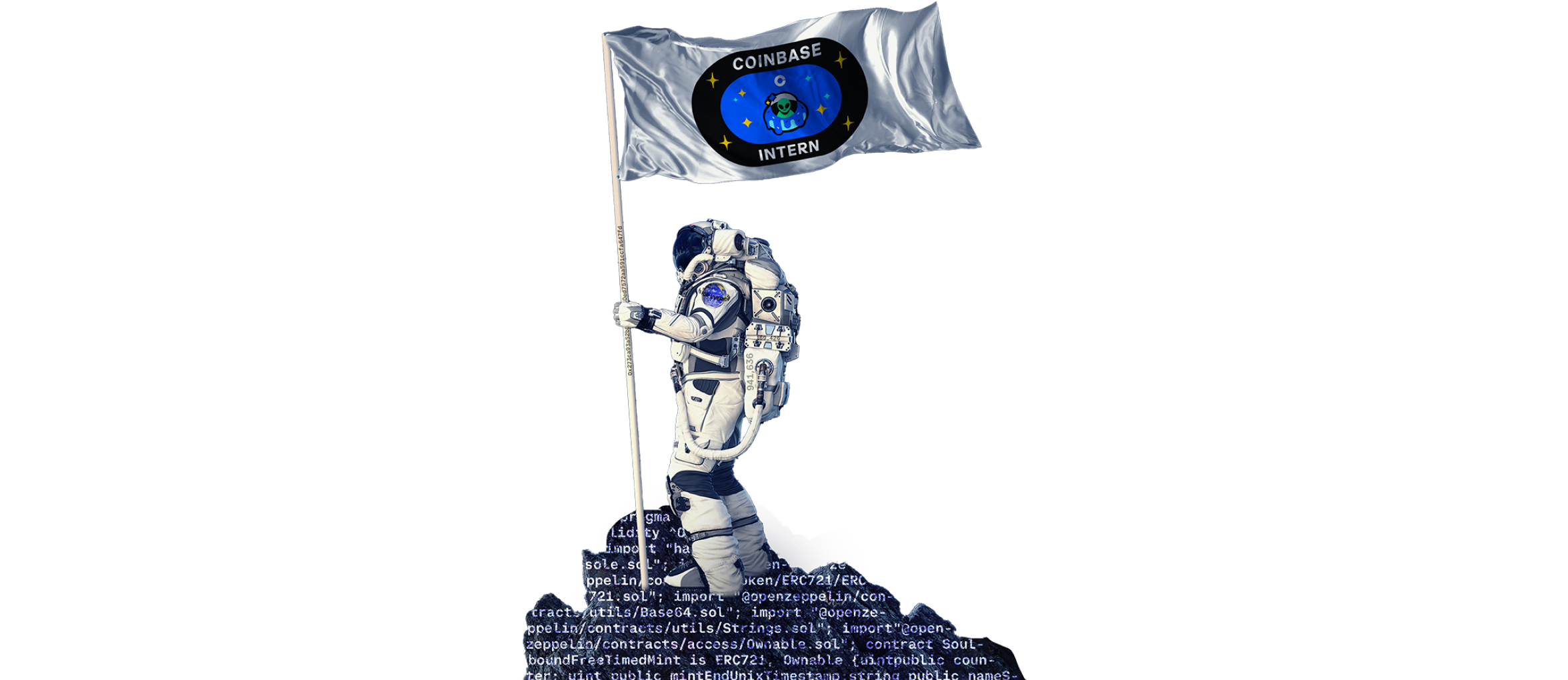 Astronaut planting a Coinbase Cryptern flag on rock made of code
