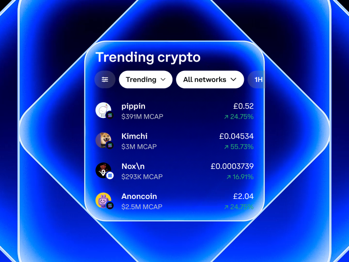 Stylized screen headlined "Trending crypto" with list of various token, prices, and price movements