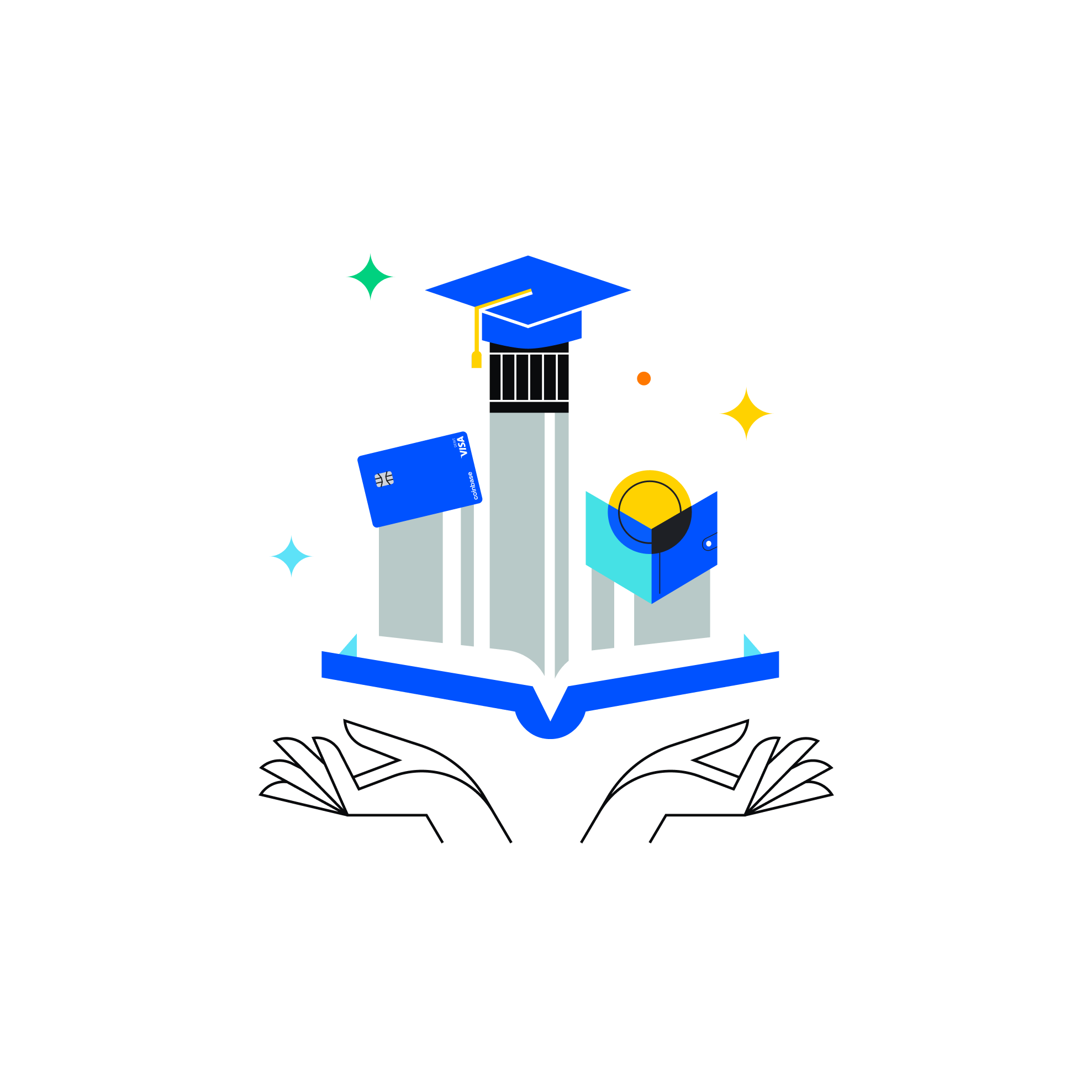 Illustration of hands holding a book with a graduation cap and onchain wallet